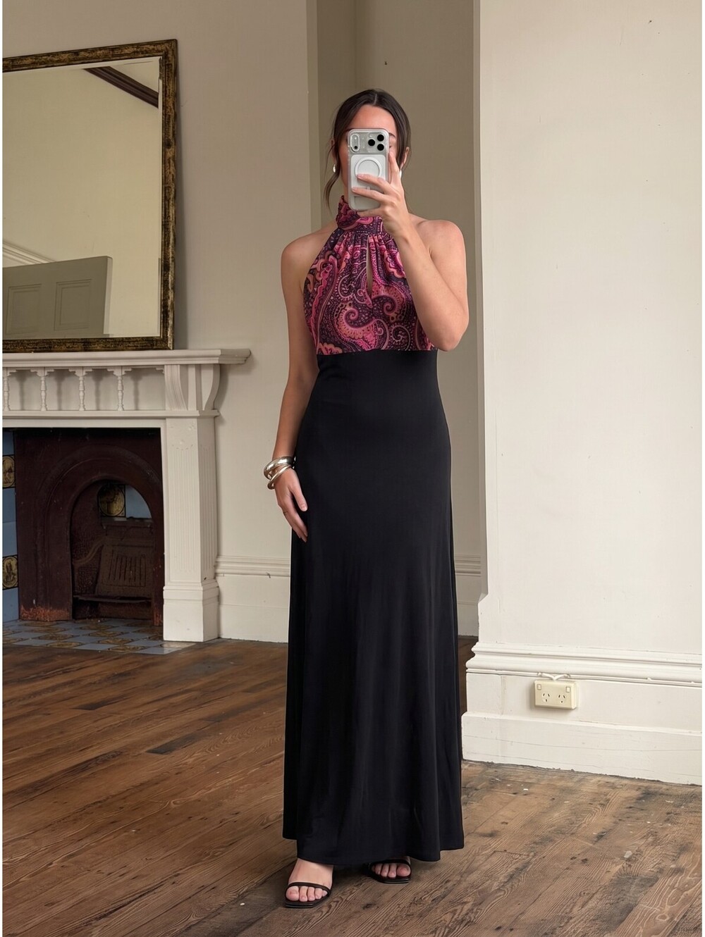 Vintage 70s Black & Psychedelic Print Halter Maxi Dress